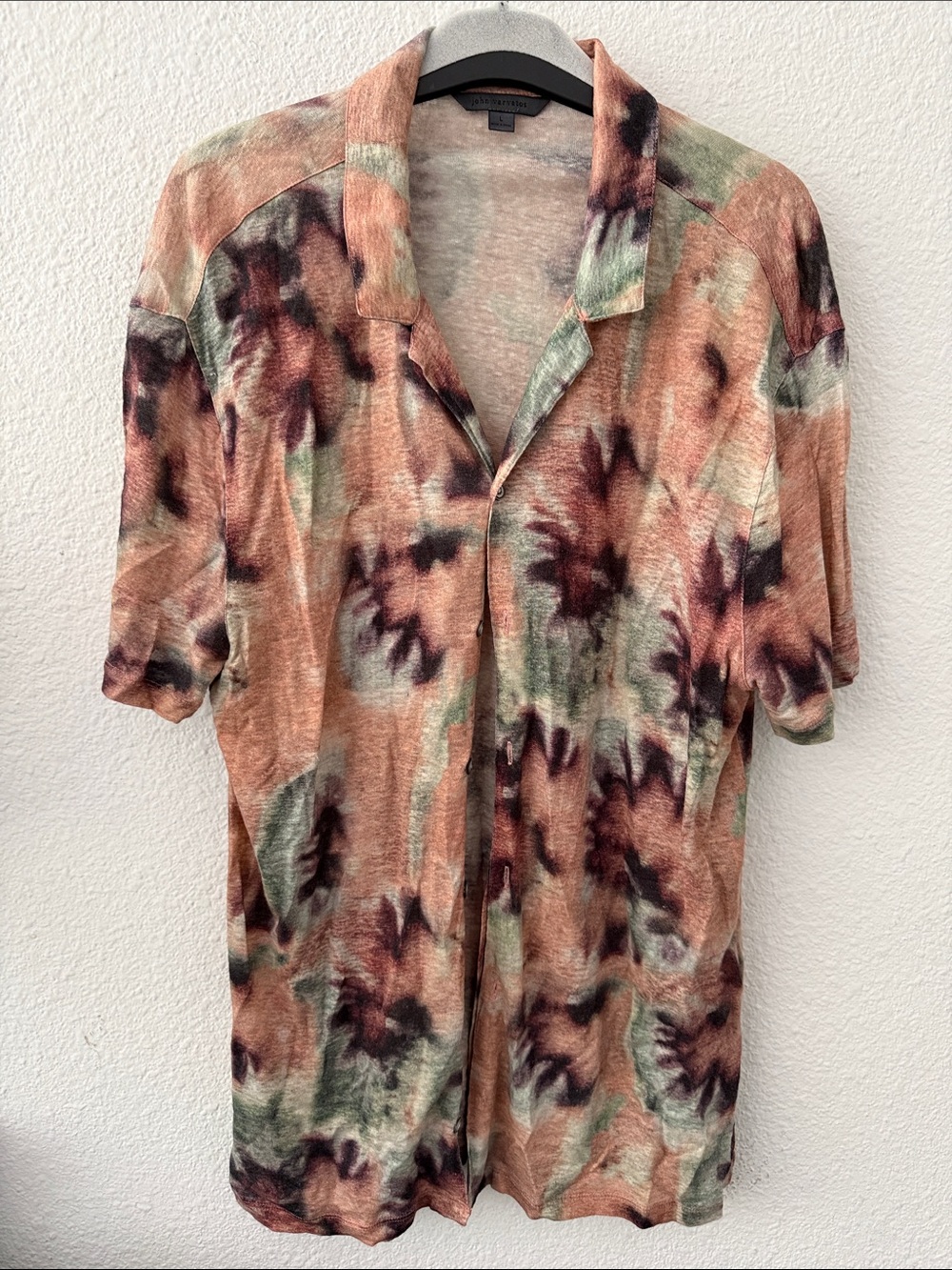 John Varvatos 100% Linen Abstract Watercolor Print Camp Shirt Size L Luxury MSRP